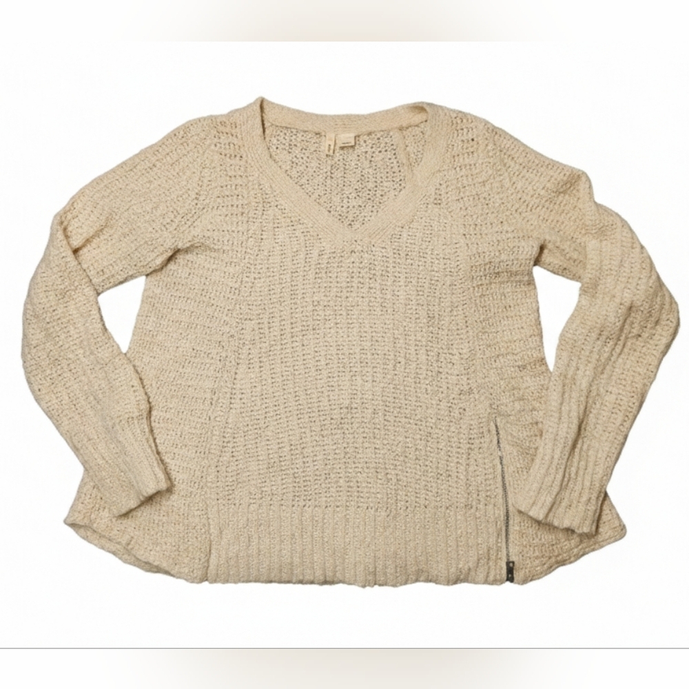 Anthropologie Moth Side Zip V Neck Sweater Ecru S Boho Minimal Coastal Cowgirl